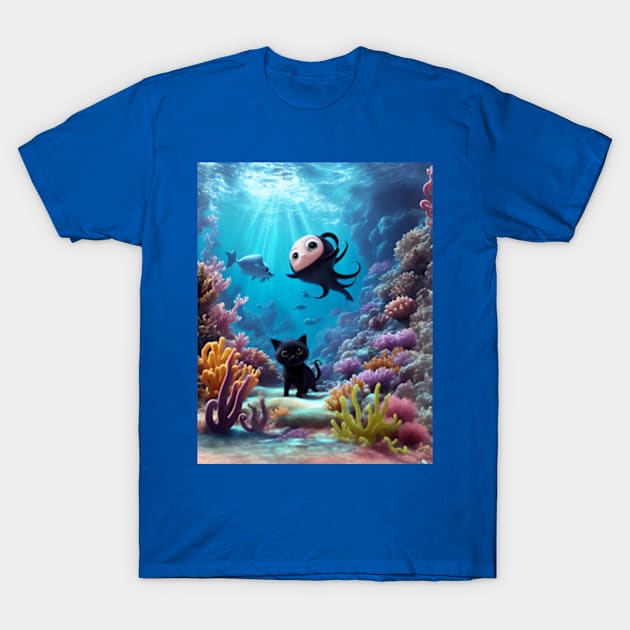 Black Kitten in Underwater Fantasy World T-Shirt by BrisaArtPrints